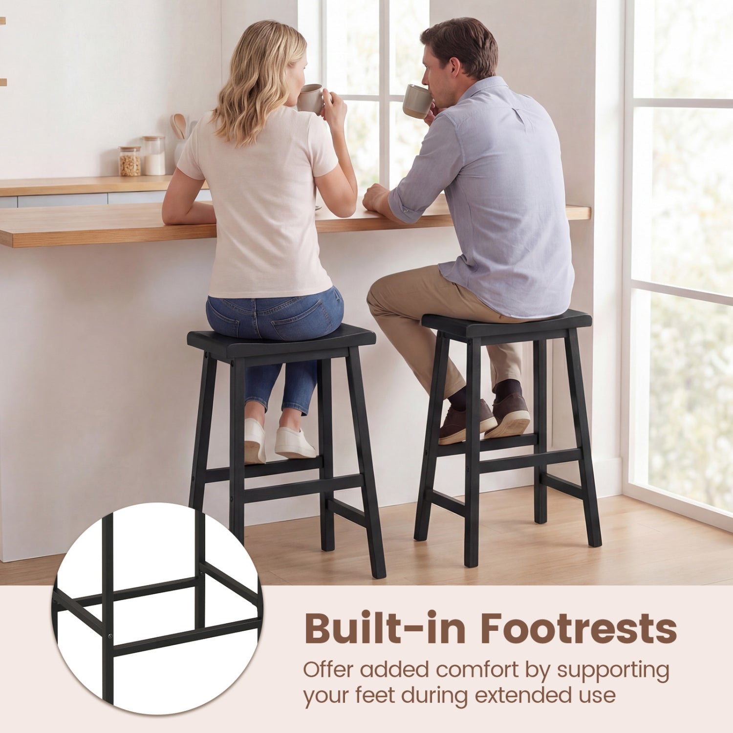 24 Inch Solid Wood Saddle Bar Stools, Set Of 2, Black Bar Stools at Gallery Canada