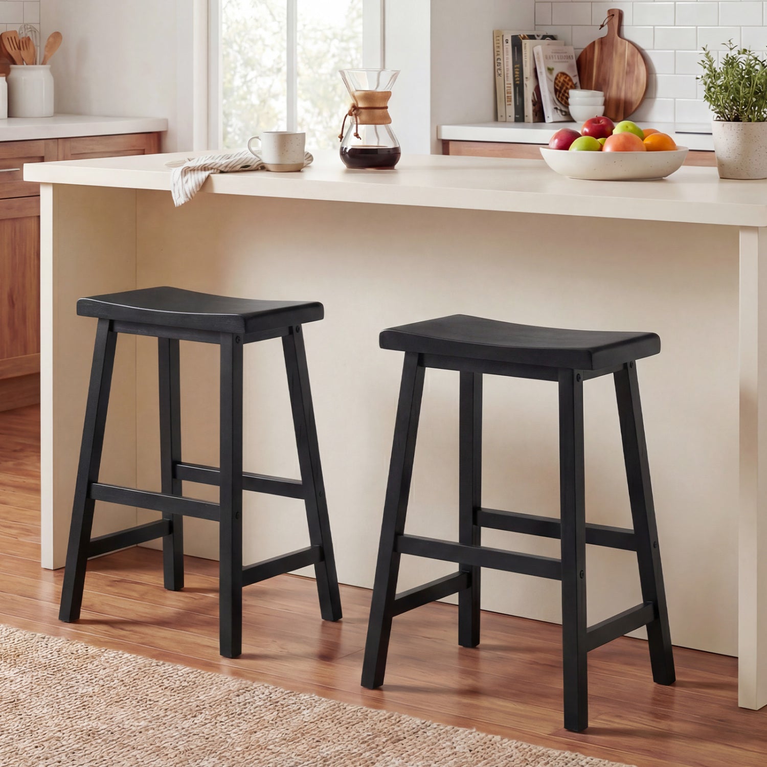 24 Inch Solid Wood Saddle Bar Stools, Set Of 2, Black Bar Stools at Gallery Canada