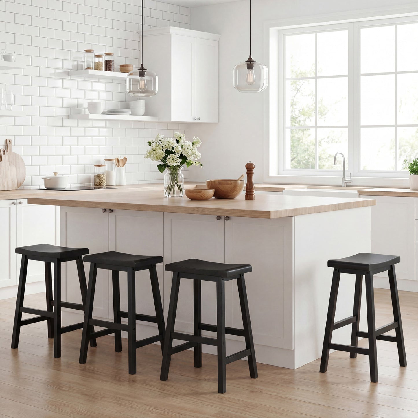 24 Inch Solid Wood Saddle Bar Stools, Set Of 2, Black Bar Stools at Gallery Canada