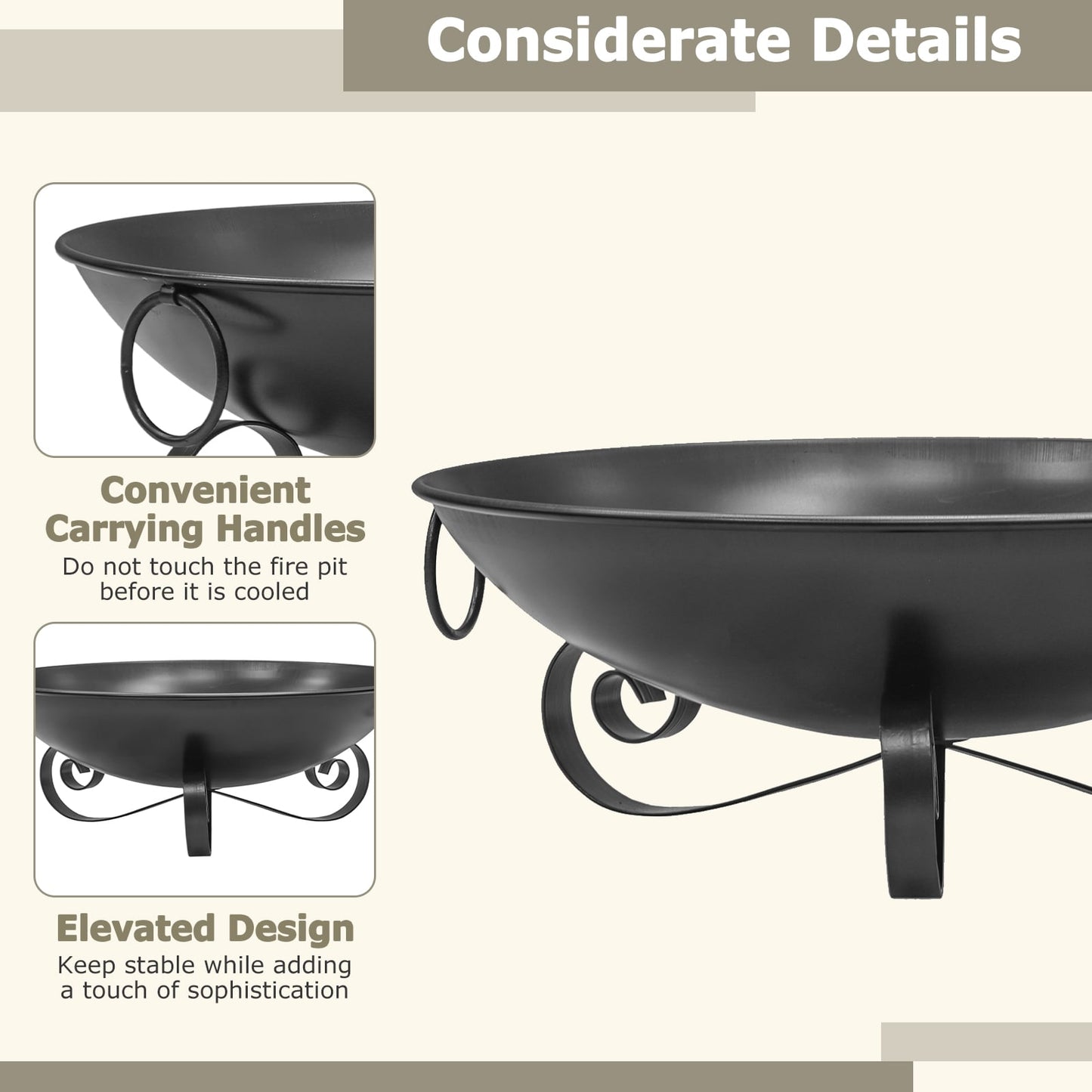 24 Inch Heavy-Duty Metal Fire Pit Bowl Outdoor Wood-Burning Firepit with Handles Fire Pits at Gallery Canada