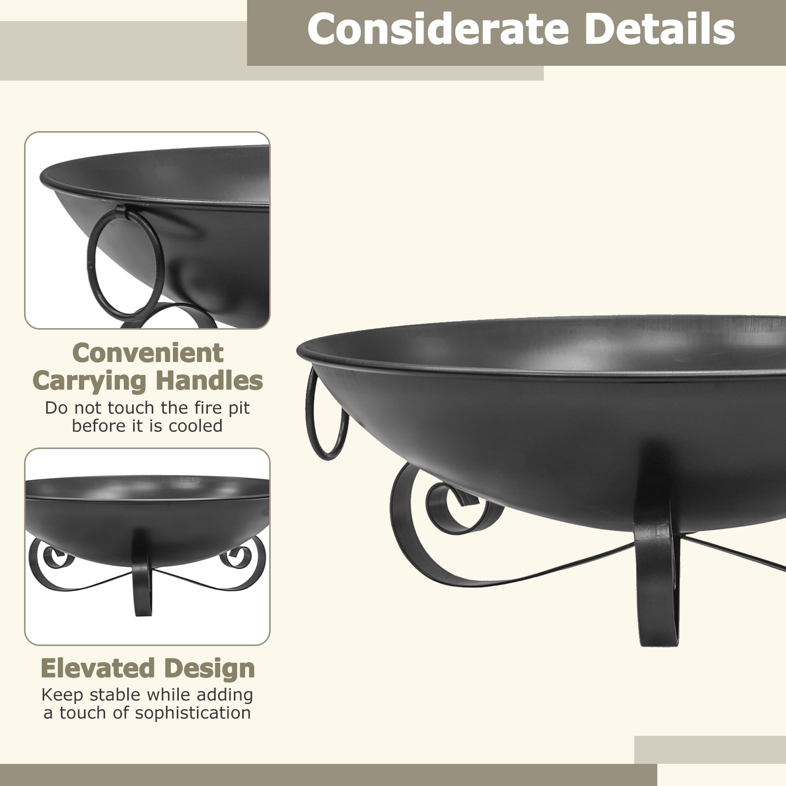 24 Inch Heavy-Duty Metal Fire Pit Bowl Outdoor Wood-Burning Firepit with Handles Fire Pits at Gallery Canada