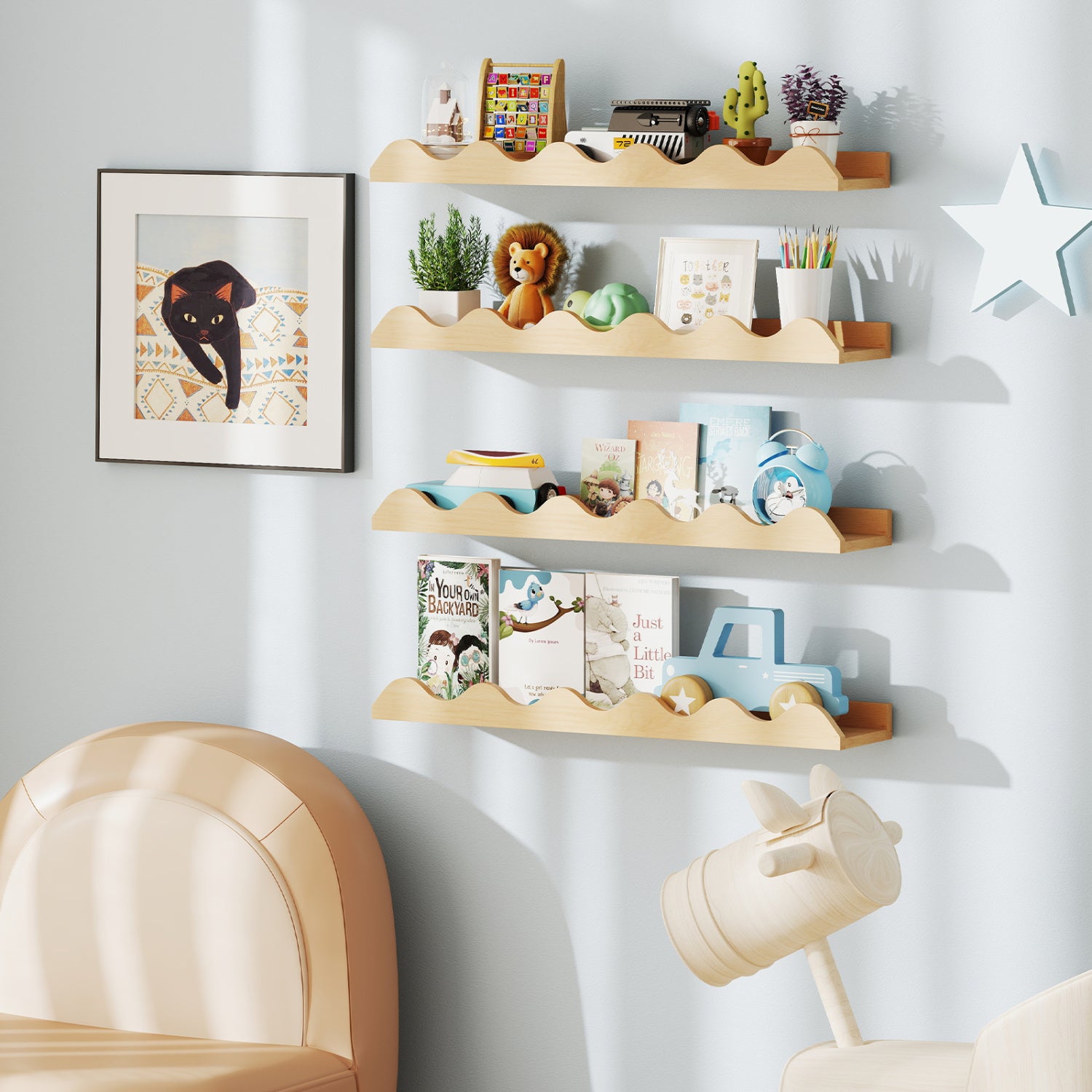 24 Inch Kids Bookshelf, Set of 4, Wall Mounted Picture Ledge Shelf, Natural Bookcases at Gallery Canada