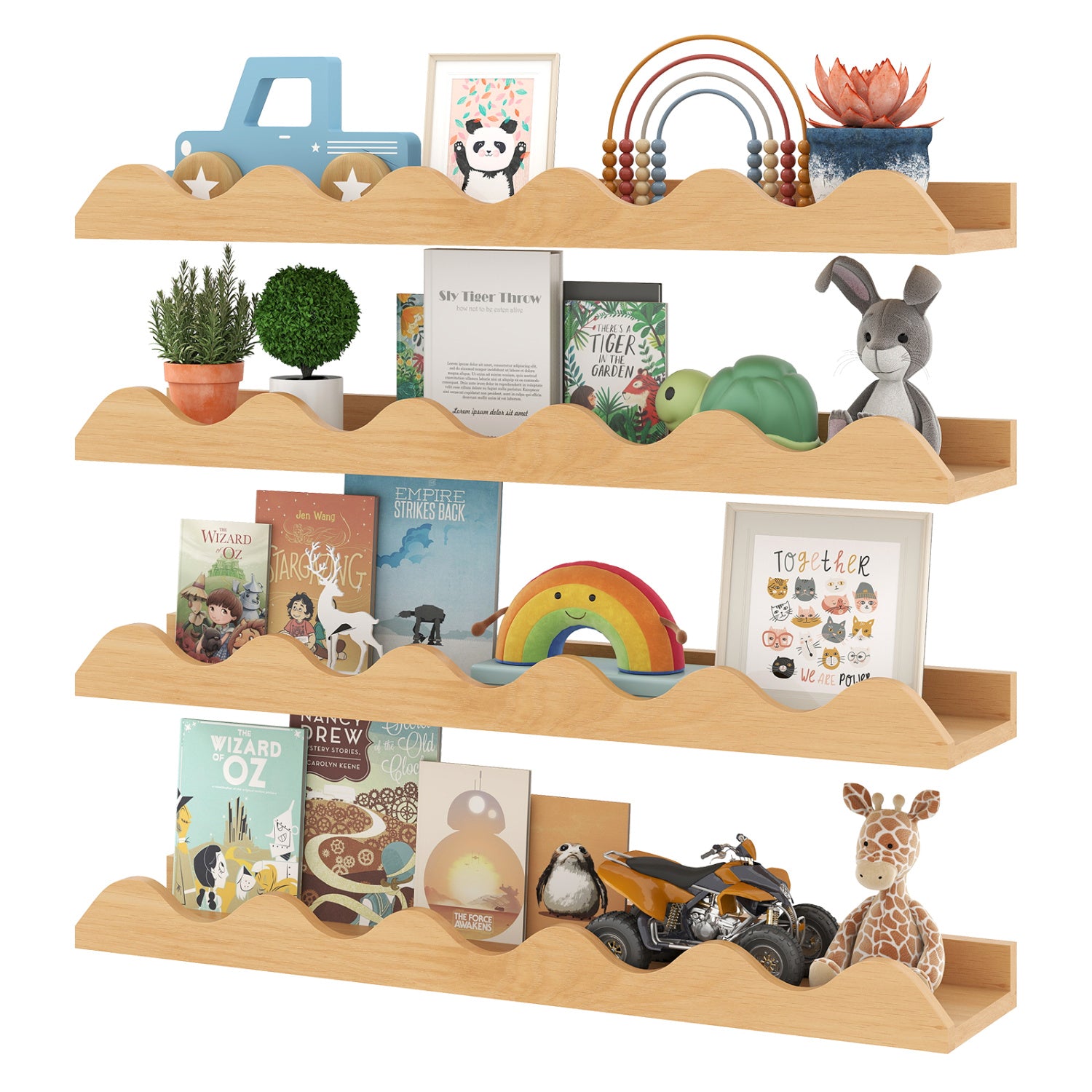 24 Inch Kids Bookshelf, Set of 4, Wall Mounted Picture Ledge Shelf, Natural Bookcases at Gallery Canada