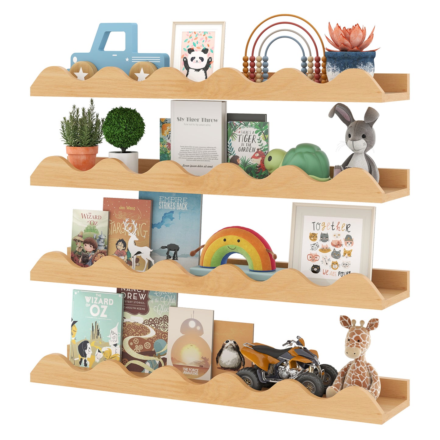 24 Inch Kids Bookshelf, Set of 4, Wall Mounted Picture Ledge Shelf, Natural Bookcases at Gallery Canada