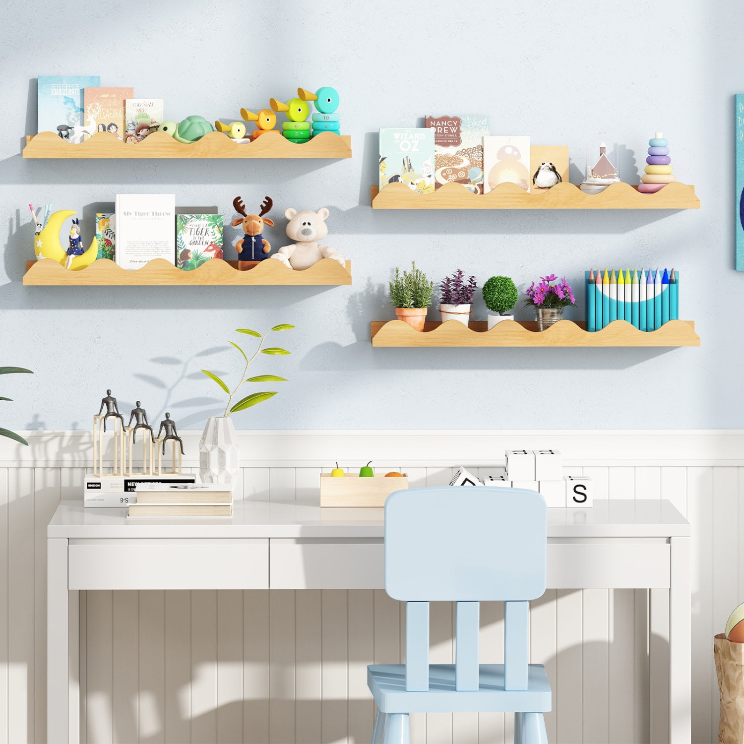 24 Inch Kids Bookshelf, Set of 4, Wall Mounted Picture Ledge Shelf, Natural Bookcases at Gallery Canada