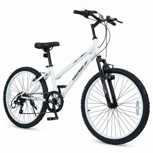 24 Inch Kids Mountain Bike, 7 Speed, White