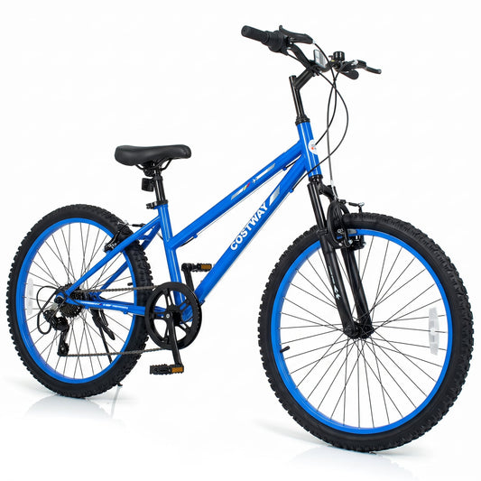24 Inch Kids Mountain Bike, 7 Speed, Suspension Fork, Blue Kids Bike Blue at Gallery Canada