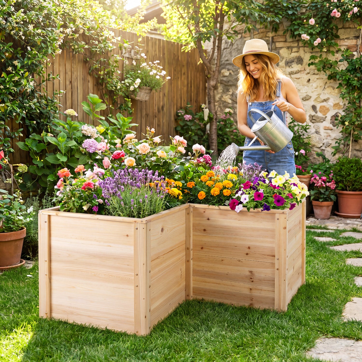 24 Inch L-Shaped Wooden Raised Garden Bed, Open-Ended Base, Natural Raised Garden Beds at Gallery Canada