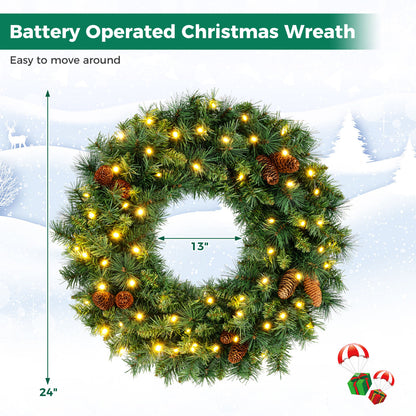 24 Inch Pre-Lit Artificial Christmas Wreath, Battery Operated