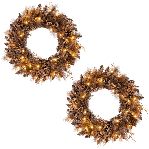24 Inch Pre-lit Christmas Wreath with 105 Branch Tips and 35 Warm White LED Lights-2 pieces