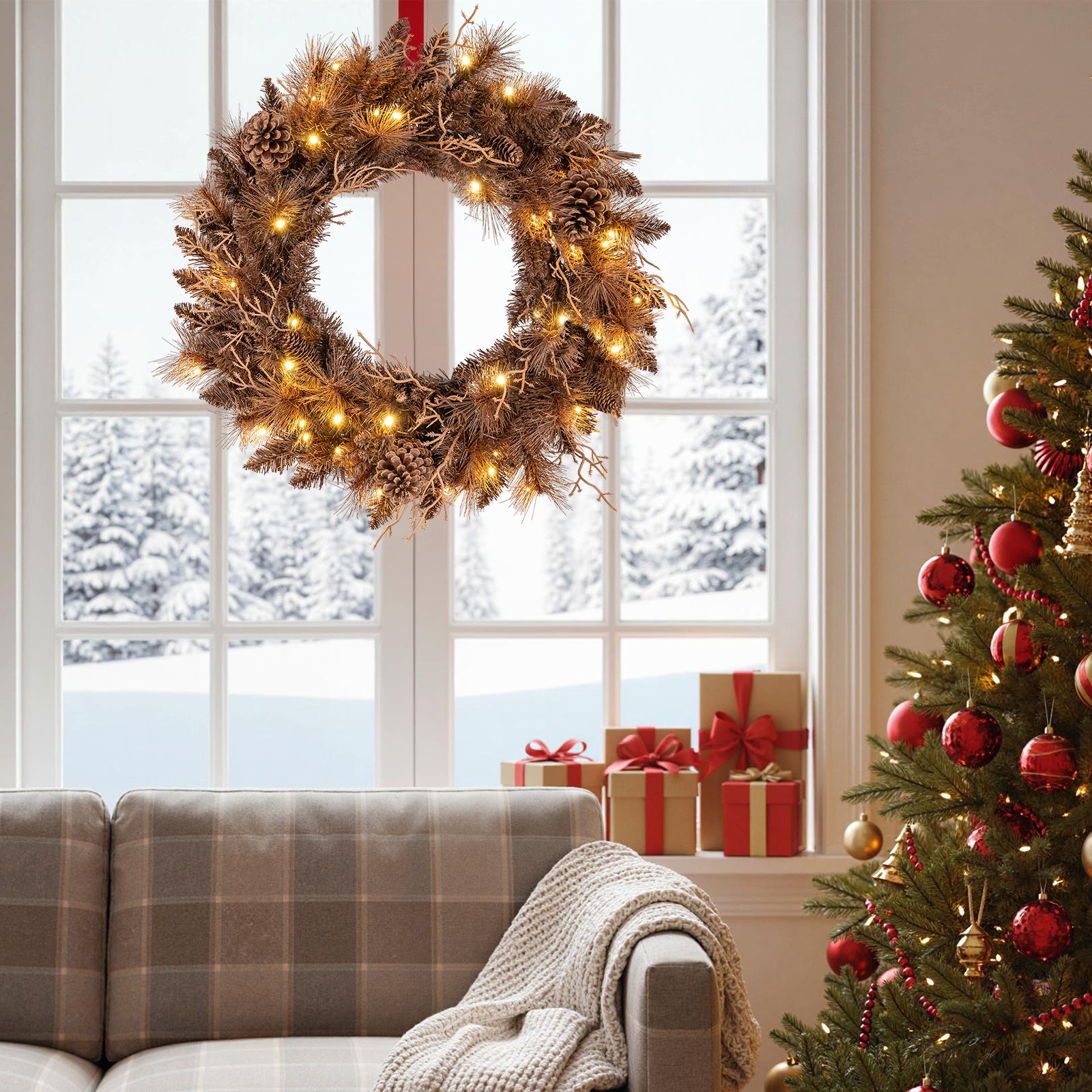 24 Inch Pre-lit Christmas Wreath with 105 Branch Tips and 35 Warm White LED Lights-2 pieces Christmas Decor & Accessories at Gallery Canada