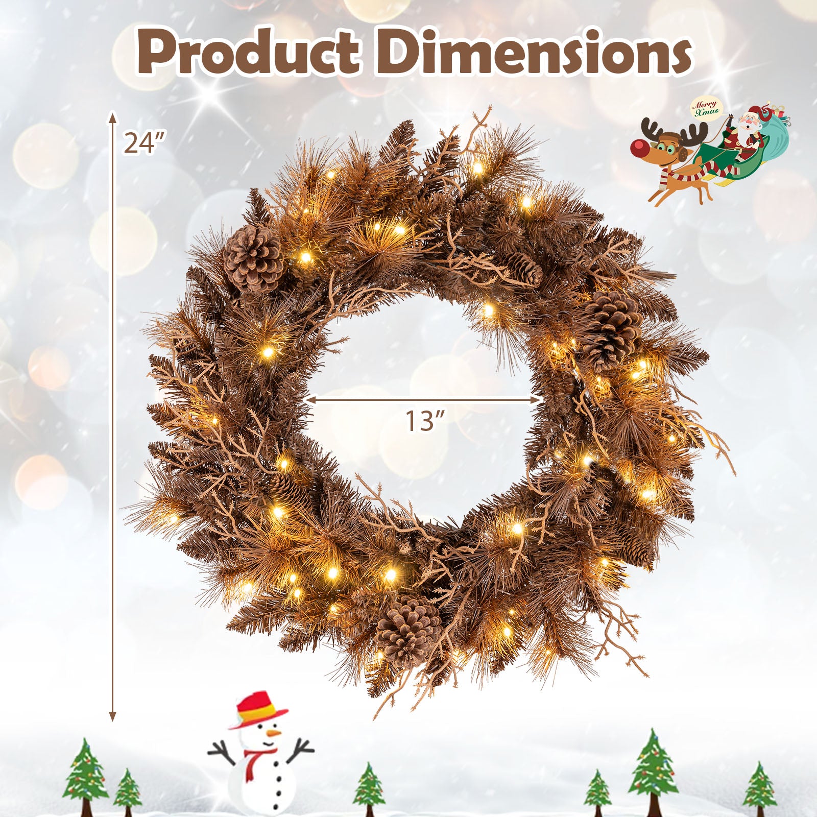 24 Inch Pre-lit Christmas Wreath with 105 Branch Tips and 35 Warm White LED Lights-1 piece Christmas Decor & Accessories at Gallery Canada