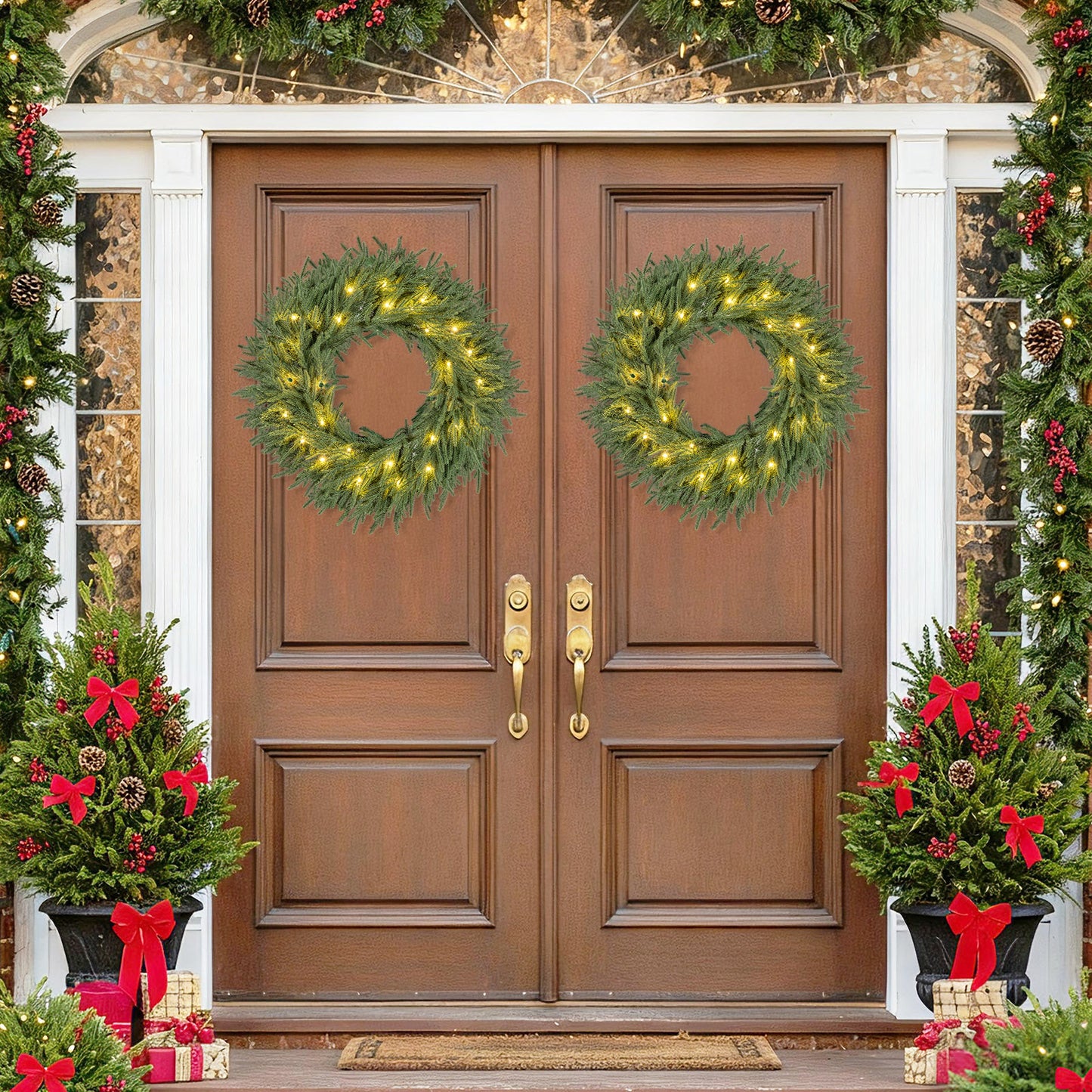 24 Inch Pre-lit Christmas Wreath with 108 Branch Tips and 35 Warm White LED Lights for Wall Window-2 piece Christmas Decor & Accessories at Gallery Canada