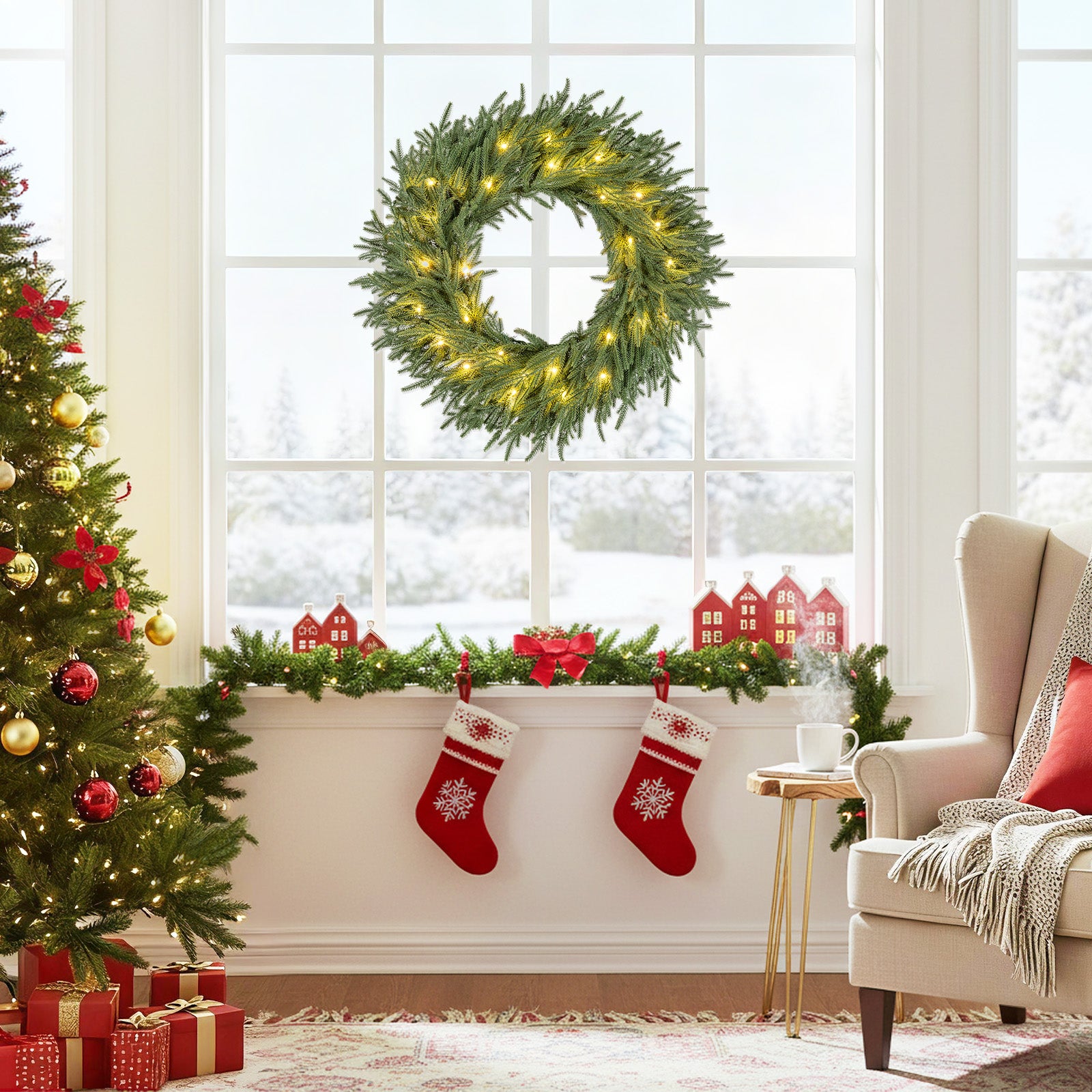 24 Inch Pre-lit Christmas Wreath with 108 Branch Tips and 35 Warm White LED Lights for Wall Window-2 piece Christmas Decor & Accessories at Gallery Canada