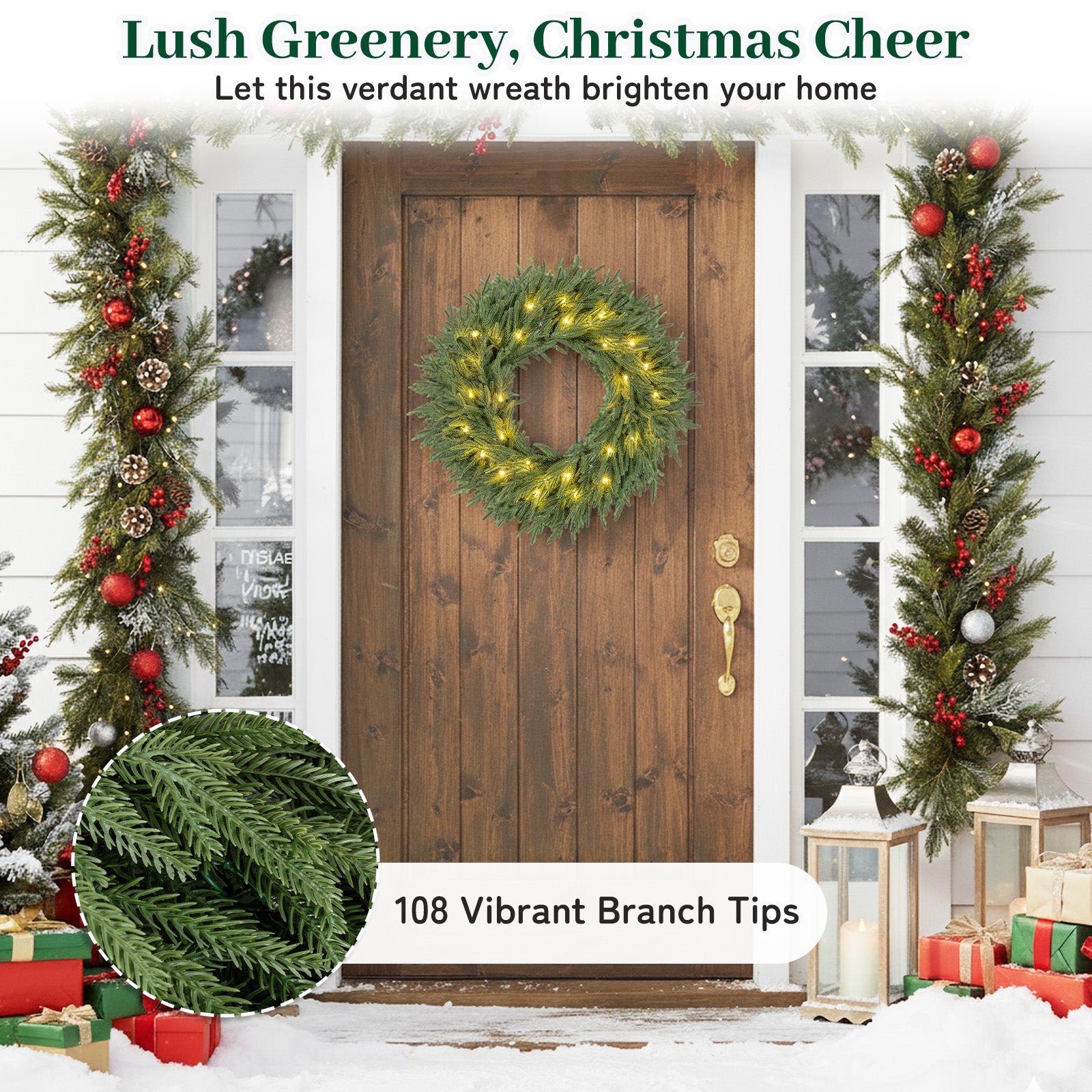 24 Inch Pre-lit Christmas Wreath with 108 Branch Tips and 35 Warm White LED Lights for Wall Window-2 piece Christmas Decor & Accessories at Gallery Canada