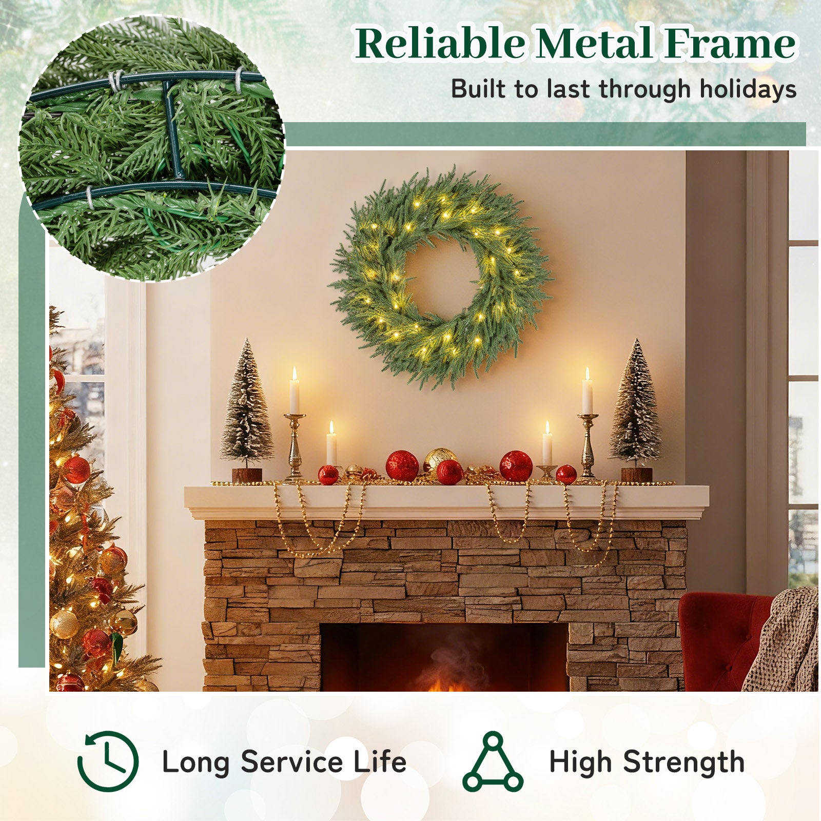 24 Inch Pre-lit Christmas Wreath with 108 Branch Tips and 35 Warm White LED Lights for Wall Window-2 piece Christmas Decor & Accessories at Gallery Canada