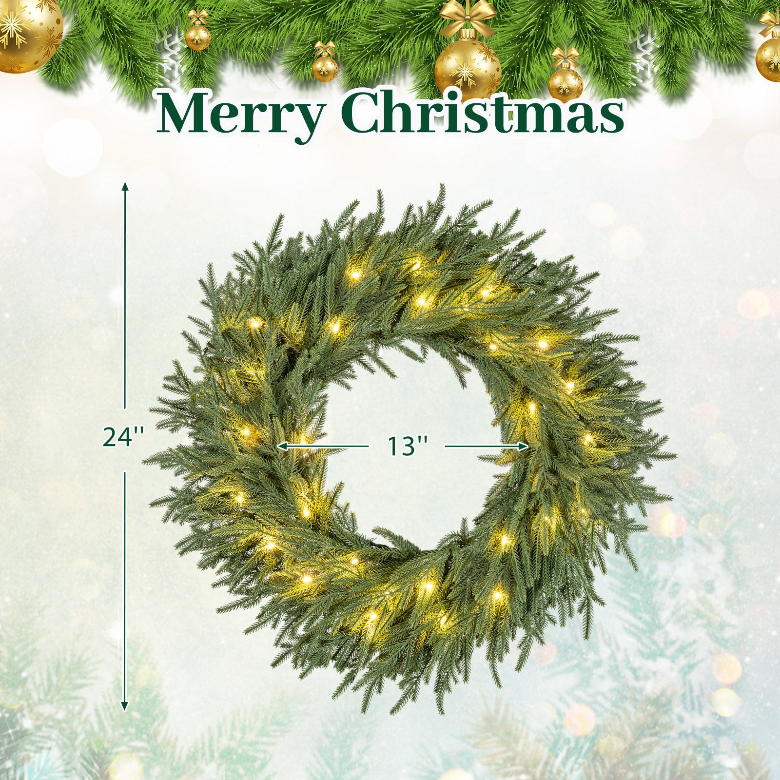 24 Inch Pre-lit Christmas Wreath with 108 Branch Tips and 35 Warm White LED Lights for Wall Window-2 piece Christmas Decor & Accessories at Gallery Canada