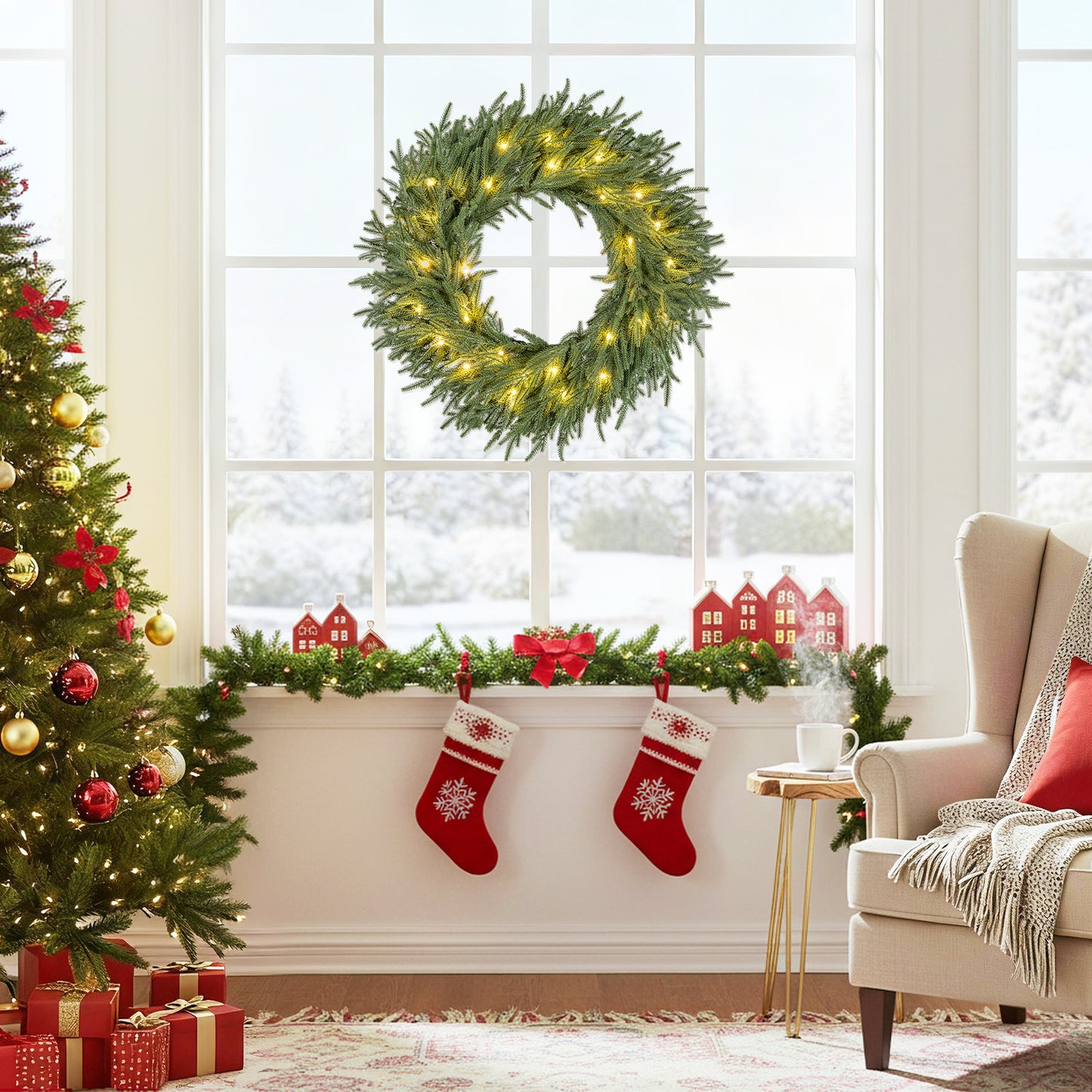 24-Inch Pre-Lit Christmas Wreath, 108 Branch Tips, 35 Warm White LED
