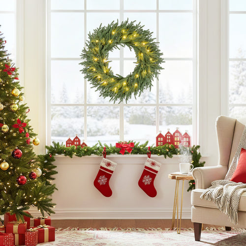 24-Inch Pre-Lit Christmas Wreath, 108 Branch Tips, 35 Warm White LED