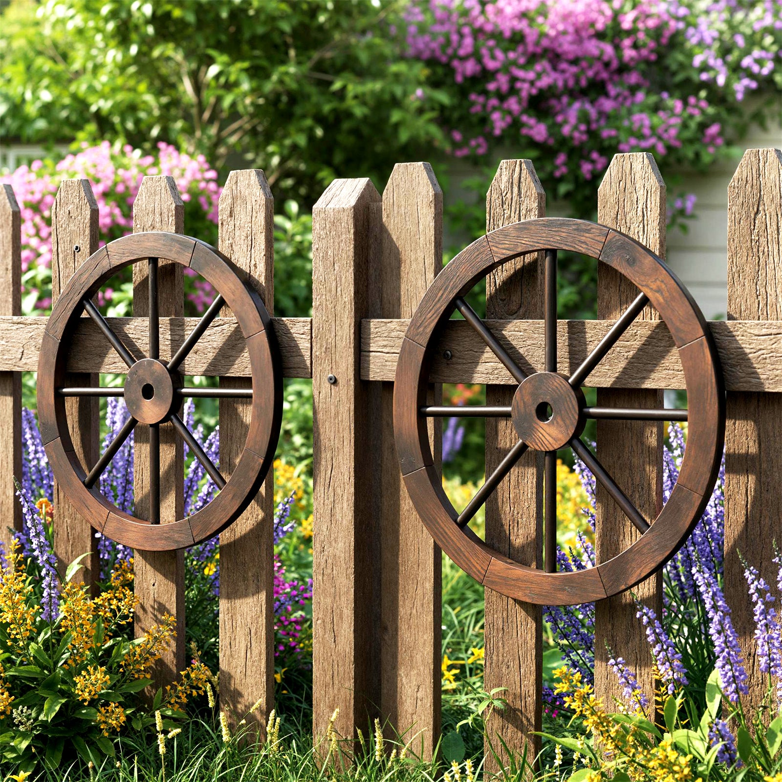 24-Inch Set of 2 Decorative Wooden Wagon Wheel, Carbonized Fir, Rustic Brown Outdoor Decor at Gallery Canada