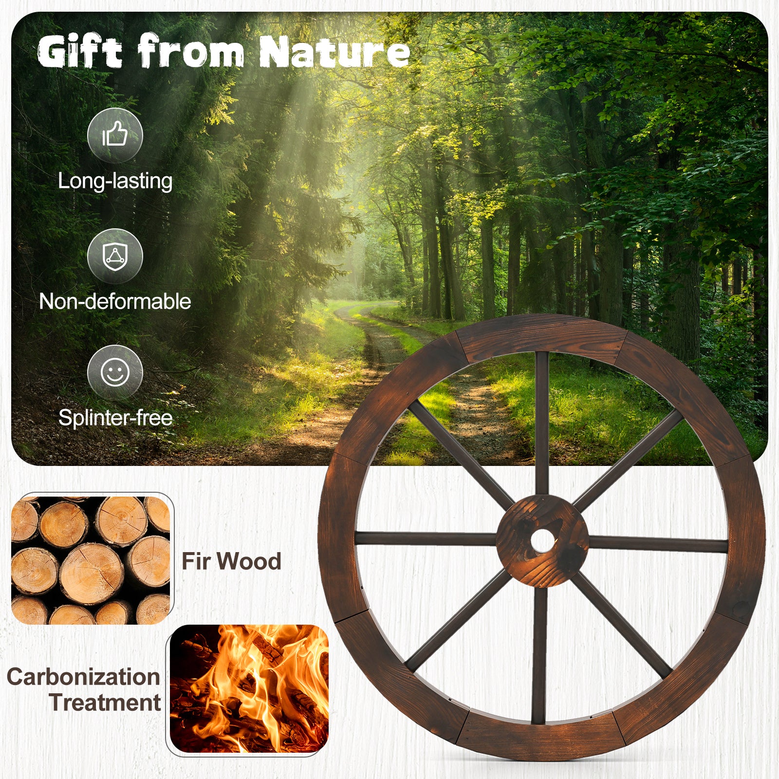 24-Inch Set of 2 Decorative Wooden Wagon Wheel, Carbonized Fir, Rustic Brown Outdoor Decor at Gallery Canada