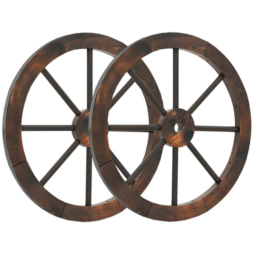 24-Inch Set of 2 Decorative Wooden Wagon Wheel, Carbonized Fir, Rustic Brown