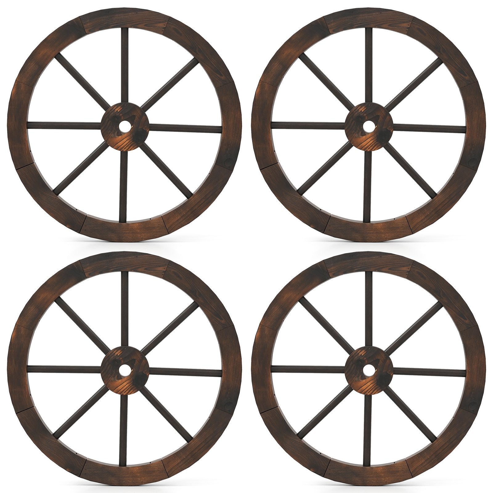 24 Inch Set of 4 Decorative Wooden Wagon Wheel Carbonized Solid Fir Wood, Rustic Brown Outdoor Decor Rustic Brown at Gallery Canada