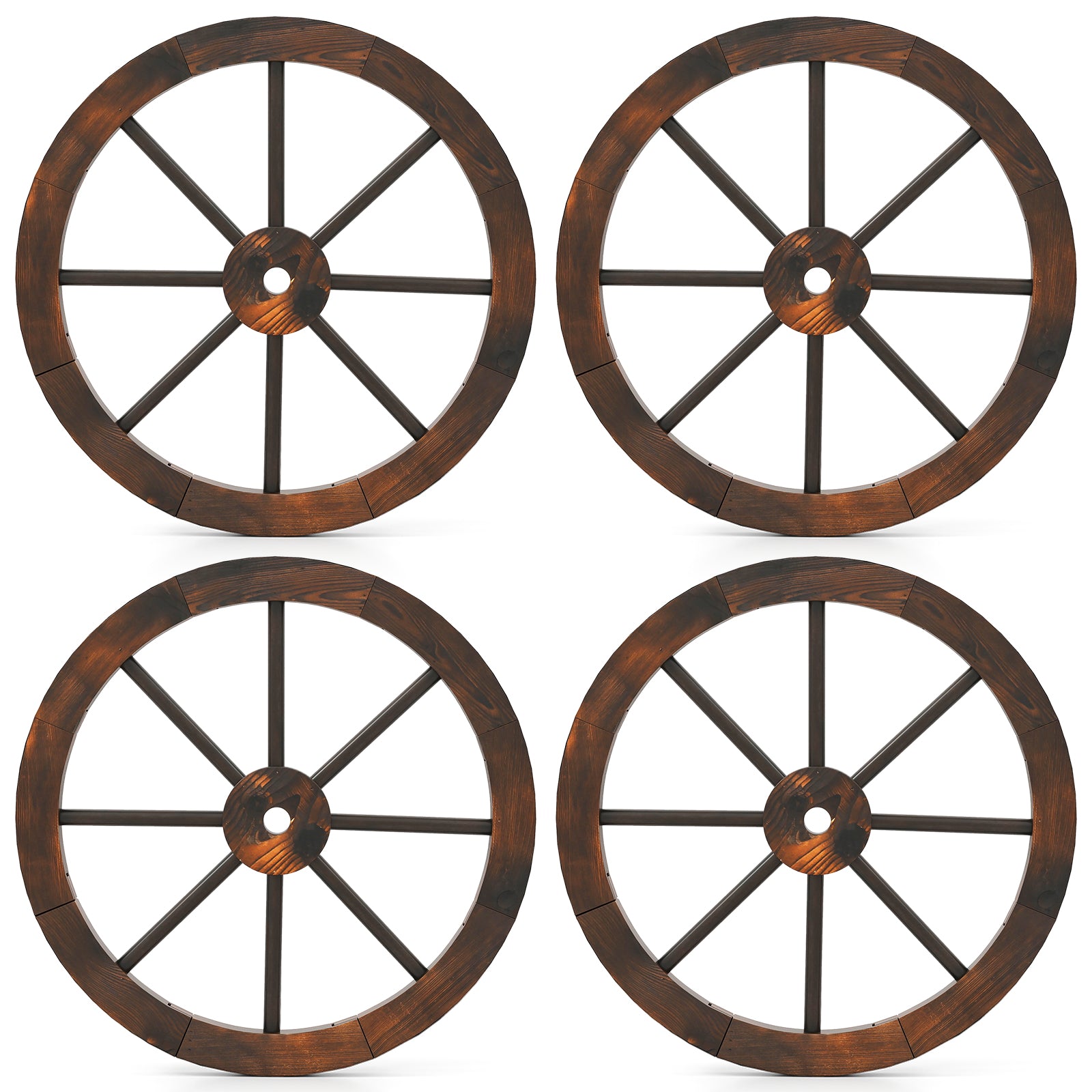 24 Inch Set of 4 Decorative Wooden Wagon Wheel Carbonized Solid Fir Wood, Rustic Brown Outdoor Decor at Gallery Canada