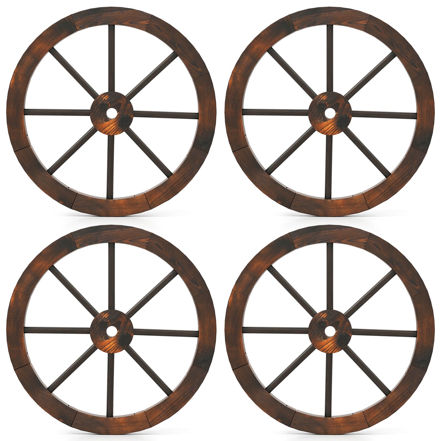 24 Inch Set of 4 Decorative Wooden Wagon Wheel Carbonized Solid Fir Wood, Rustic Brown Outdoor Decor at Gallery Canada