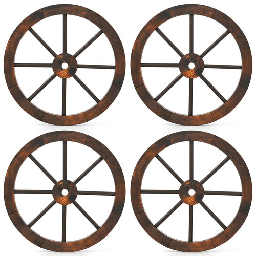 24 Inch Set of 4 Decorative Wooden Wagon Wheel Carbonized Solid Fir Wood, Rustic Brown