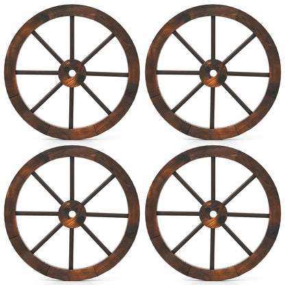 24 Inch Set of 4 Decorative Wooden Wagon Wheel Carbonized Solid Fir Wood, Rustic Brown Outdoor Decor Rustic Brown at Gallery Canada