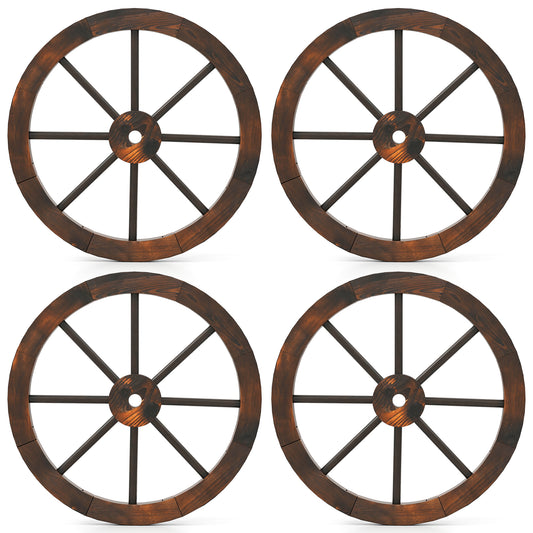 24 Inch Set of 4 Decorative Wooden Wagon Wheel Carbonized Solid Fir Wood, Rustic Brown Outdoor Decor Rustic Brown at Gallery Canada