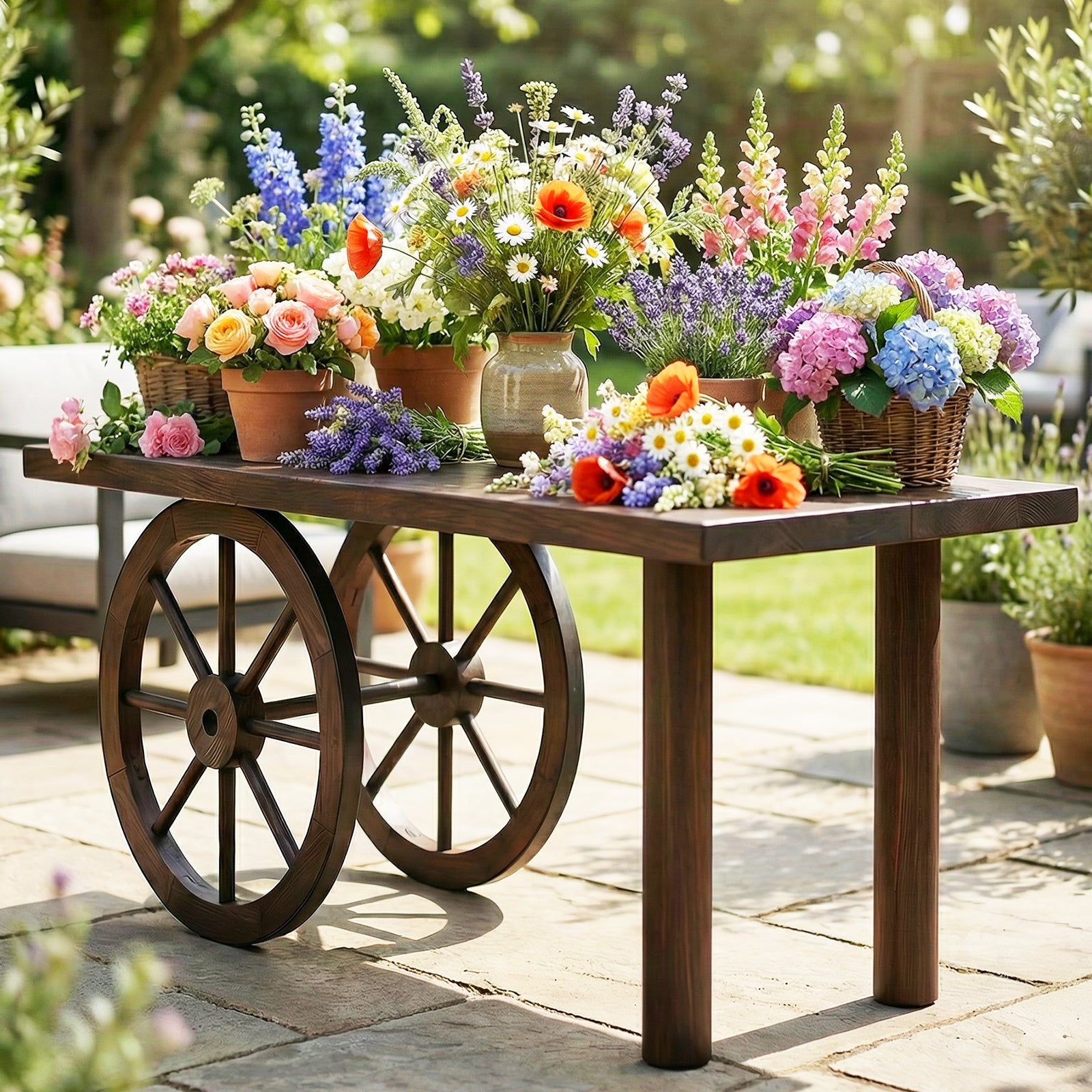 24 Inch Set of 4 Decorative Wooden Wagon Wheel Carbonized Solid Fir Wood, Rustic Brown Outdoor Decor at Gallery Canada