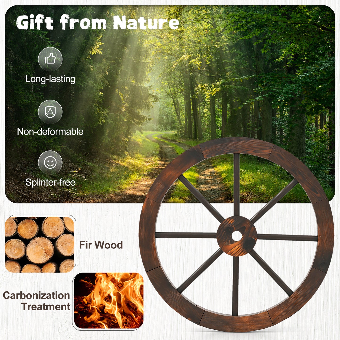 24 Inch Set of 4 Decorative Wooden Wagon Wheel Carbonized Solid Fir Wood, Rustic Brown Outdoor Decor at Gallery Canada