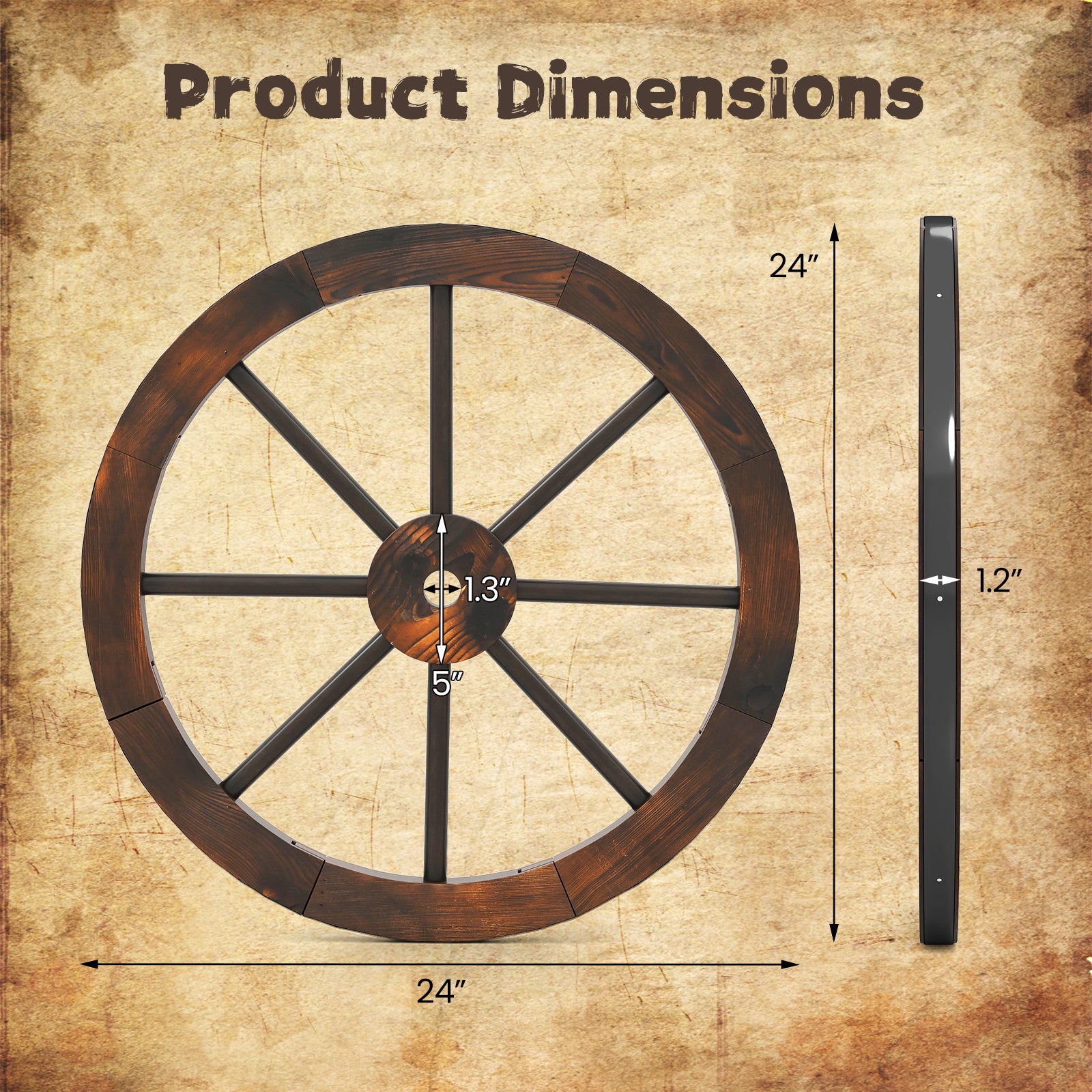 24 Inch Set of 4 Decorative Wooden Wagon Wheel Carbonized Solid Fir Wood, Rustic Brown Outdoor Decor at Gallery Canada