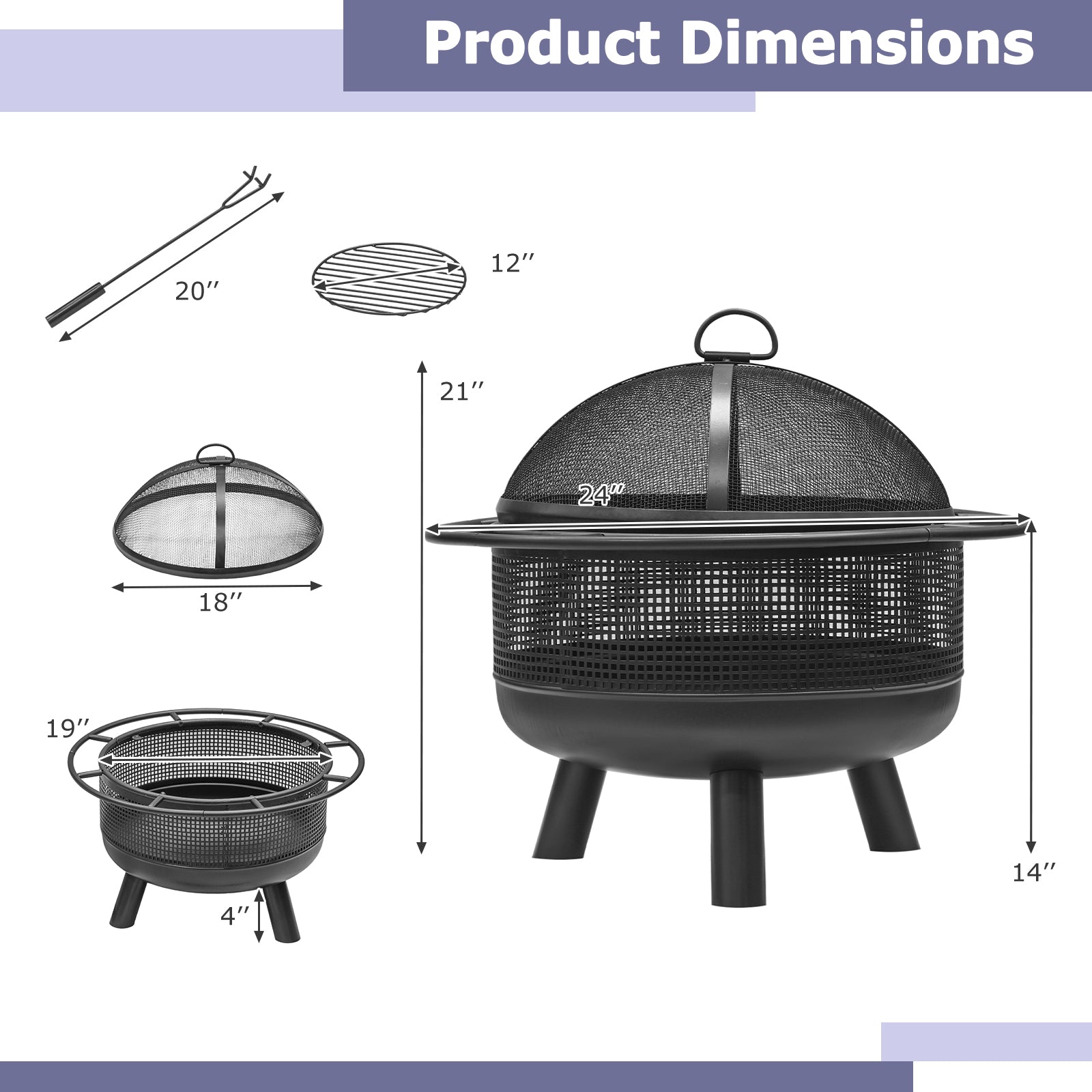 24 Inch Wood Burning Fire Pit with Log Grate and Mesh Screen for Outside, Black Fire Pits at Gallery Canada