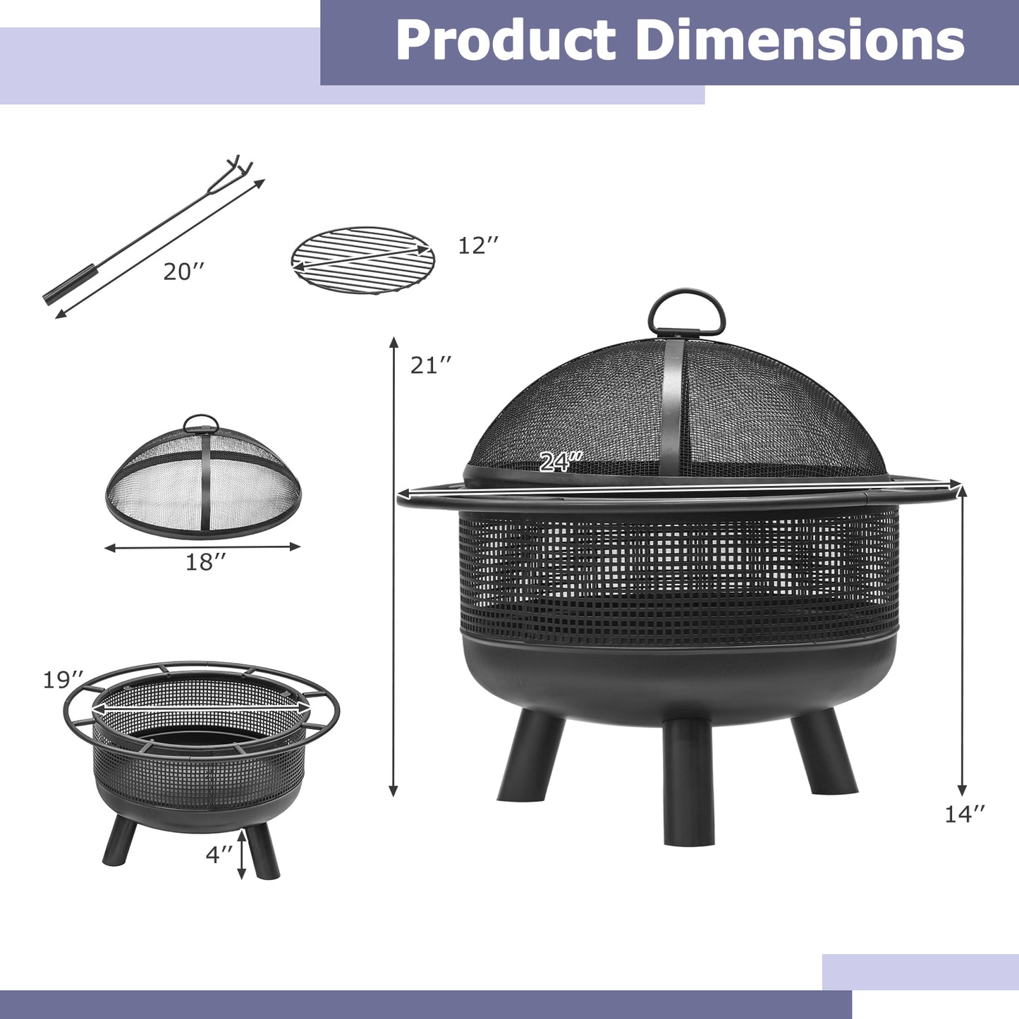 24 Inch Wood Burning Fire Pit with Log Grate and Mesh Screen for Outside, Black Fire Pits at Gallery Canada