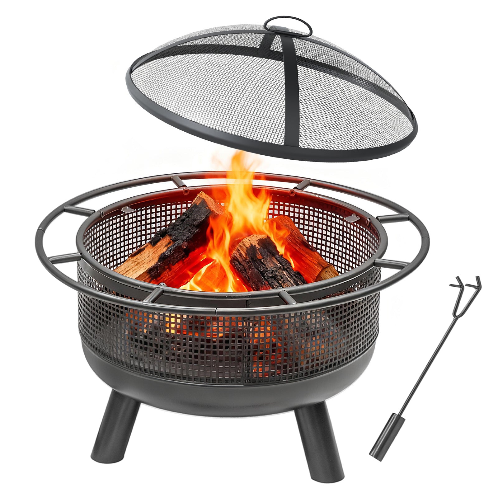 24 Inch Wood Burning Fire Pit with Log Grate and Mesh Screen for Outside, Black Fire Pits at Gallery Canada