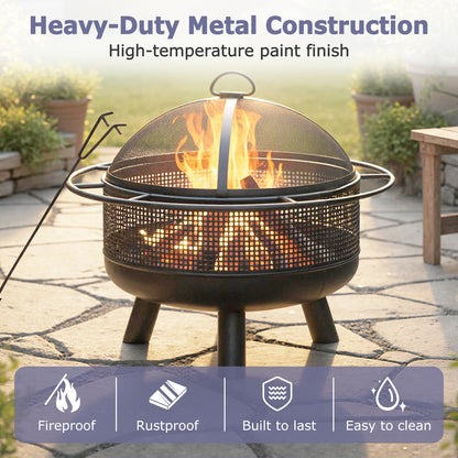 24 Inch Wood Burning Fire Pit with Log Grate and Mesh Screen for Outside, Black Fire Pits at Gallery Canada