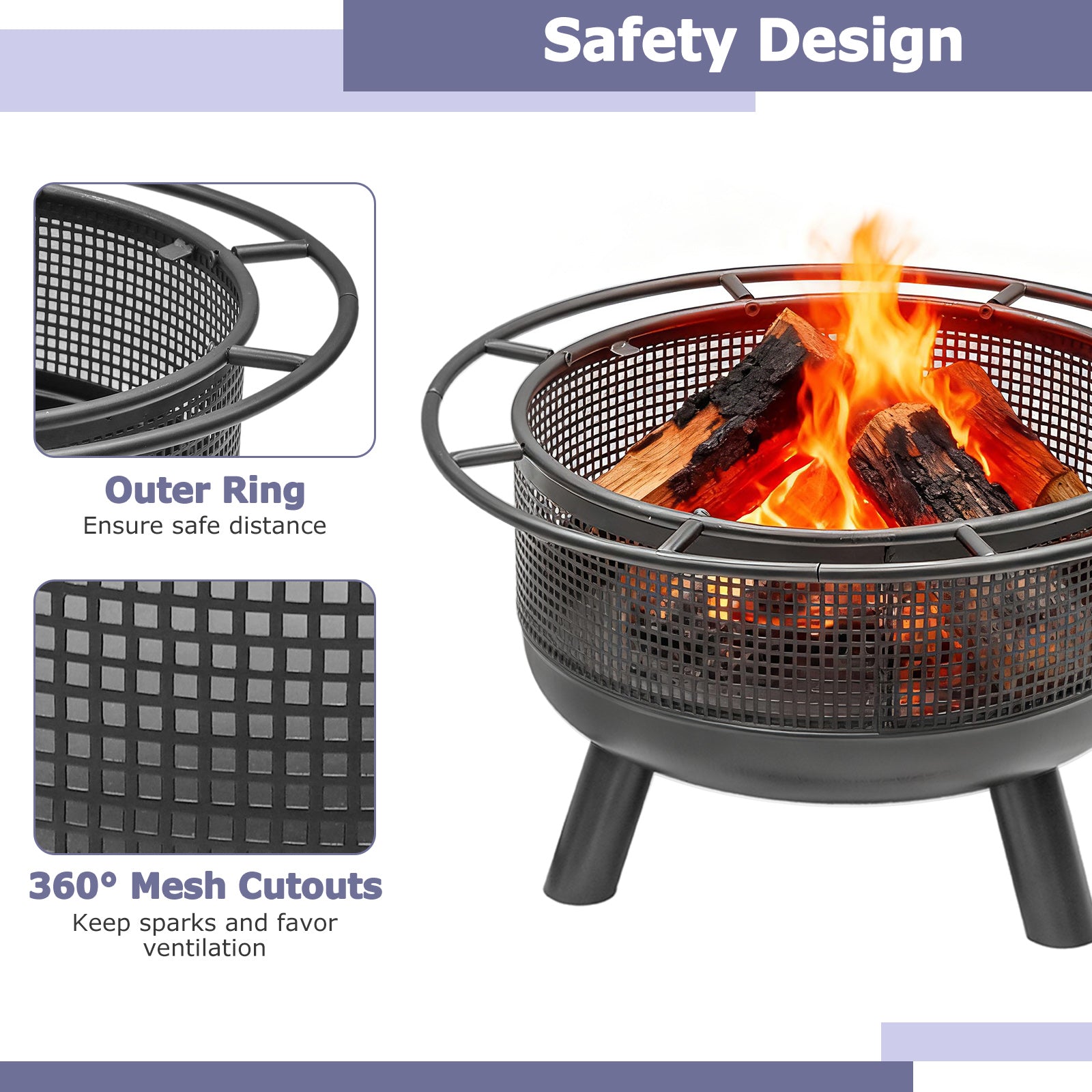 24 Inch Wood Burning Fire Pit with Log Grate and Mesh Screen for Outside, Black Fire Pits at Gallery Canada