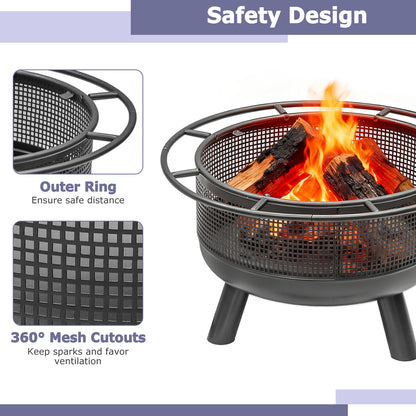 24 Inch Wood Burning Fire Pit with Log Grate and Mesh Screen for Outside, Black Fire Pits at Gallery Canada