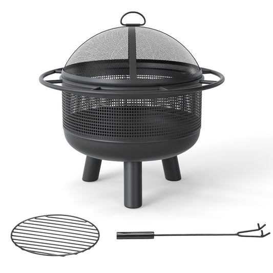 24 Inch Wood Burning Fire Pit with Log Grate and Mesh Screen for Outside, Black Fire Pits Black at Gallery Canada