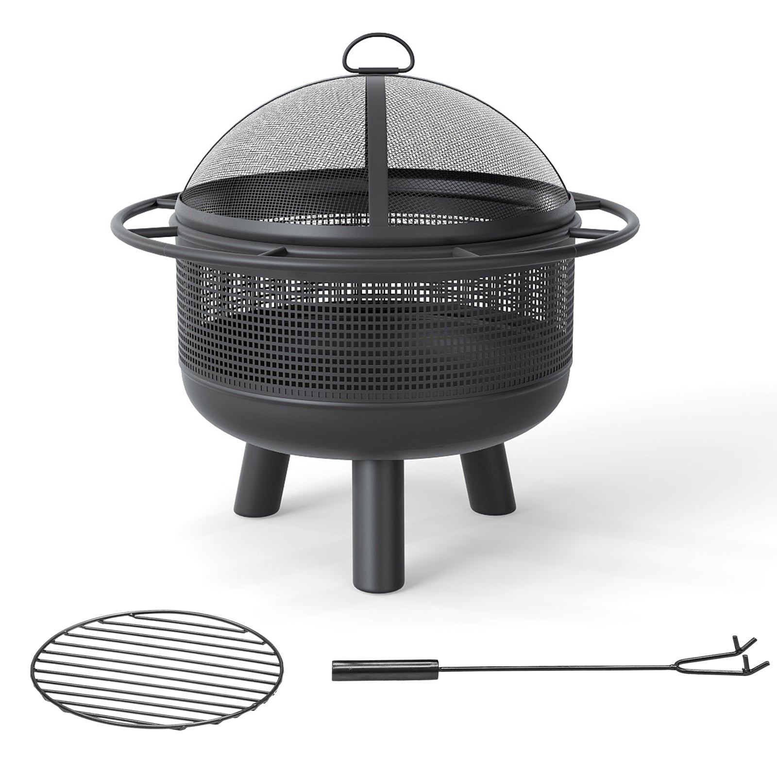 24 Inch Wood Burning Fire Pit with Log Grate and Mesh Screen for Outside, Black Fire Pits at Gallery Canada