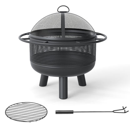24 Inch Wood Burning Fire Pit with Log Grate and Mesh Screen for Outside, Black Fire Pits Black at Gallery Canada