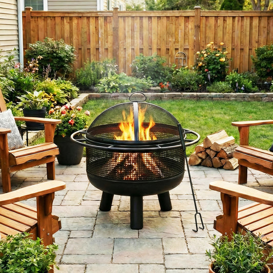 24 Inch Wood Burning Fire Pit with Log Grate and Mesh Screen for Outside, Black Fire Pits Black at Gallery Canada