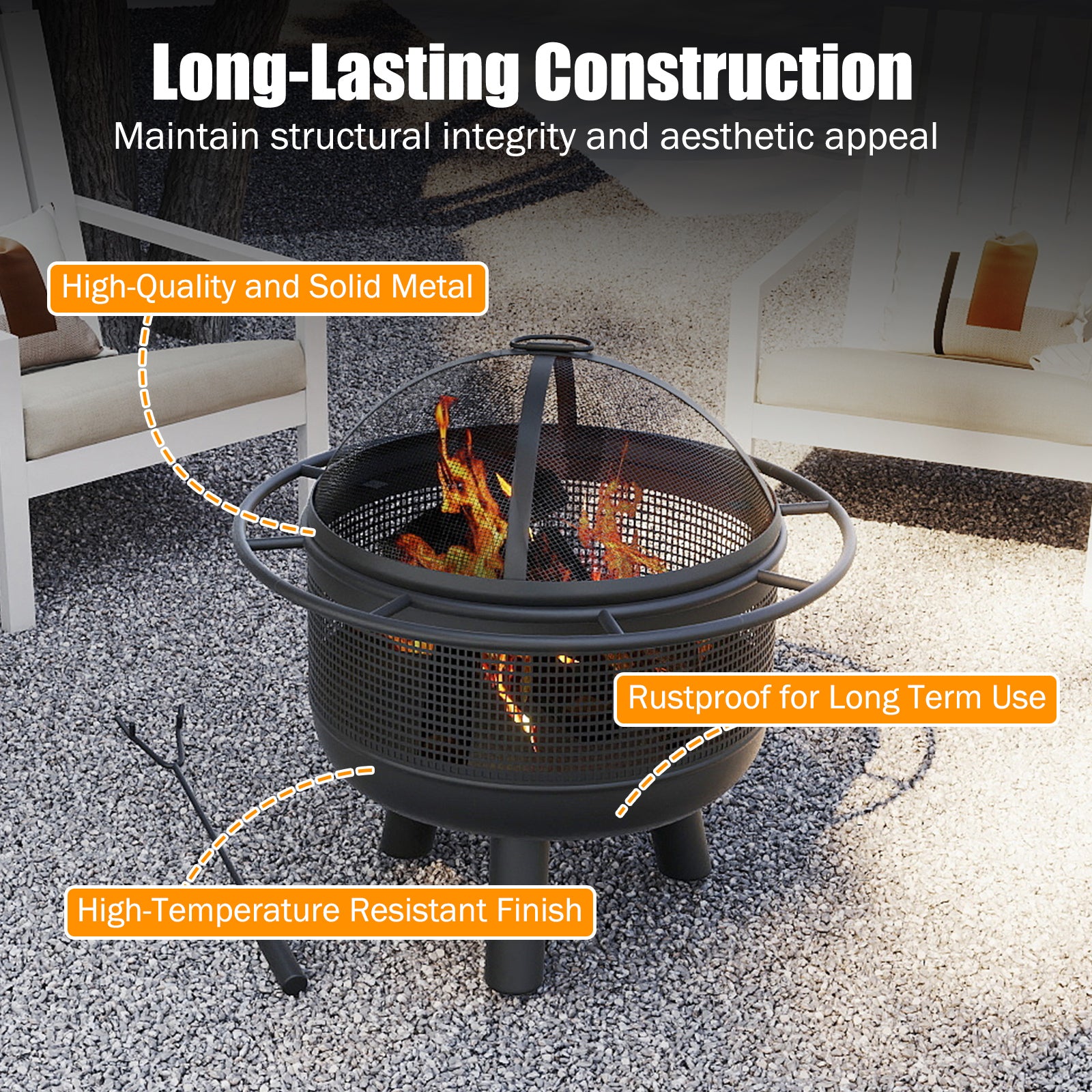 24 Inch Wood Burning Fire Pit with Log Grate and Mesh Screen for Outside, Black Fire Pits at Gallery Canada