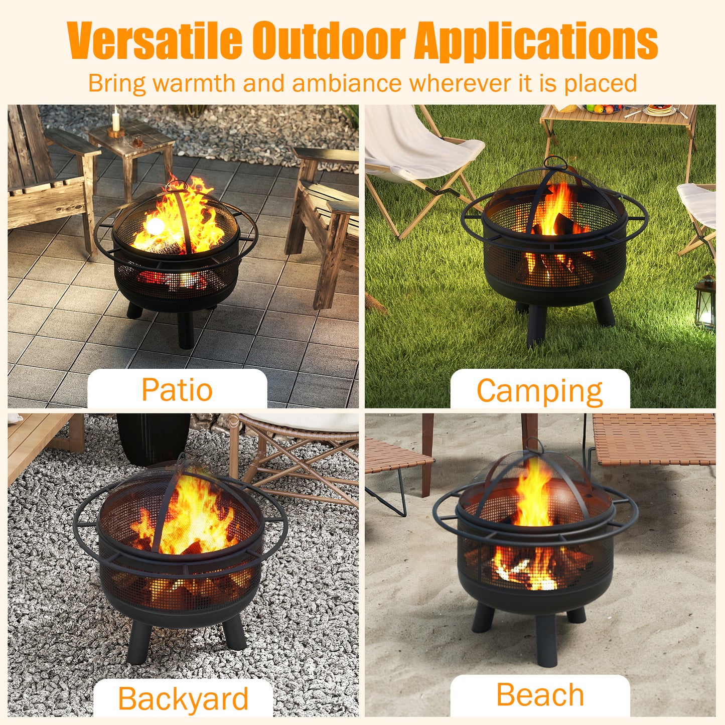 24 Inch Wood Burning Fire Pit with Log Grate and Mesh Screen for Outside, Black Fire Pits at Gallery Canada