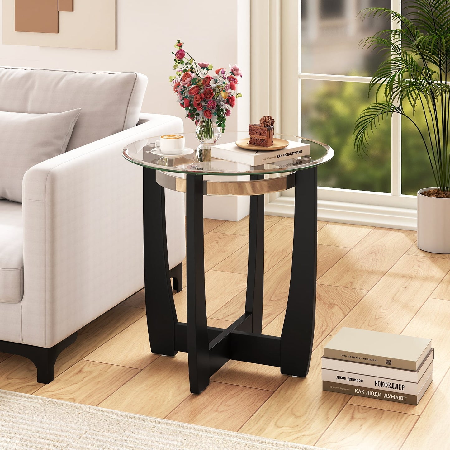 24 Inches Round Side Table with Tempered Glass Top and Solid Rubber Wood Base, Black End & Side Tables at Gallery Canada