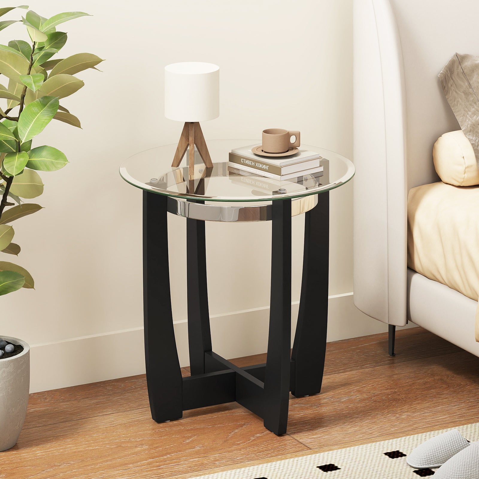 24 Inches Round Side Table with Tempered Glass Top and Solid Rubber Wood Base, Black End & Side Tables at Gallery Canada