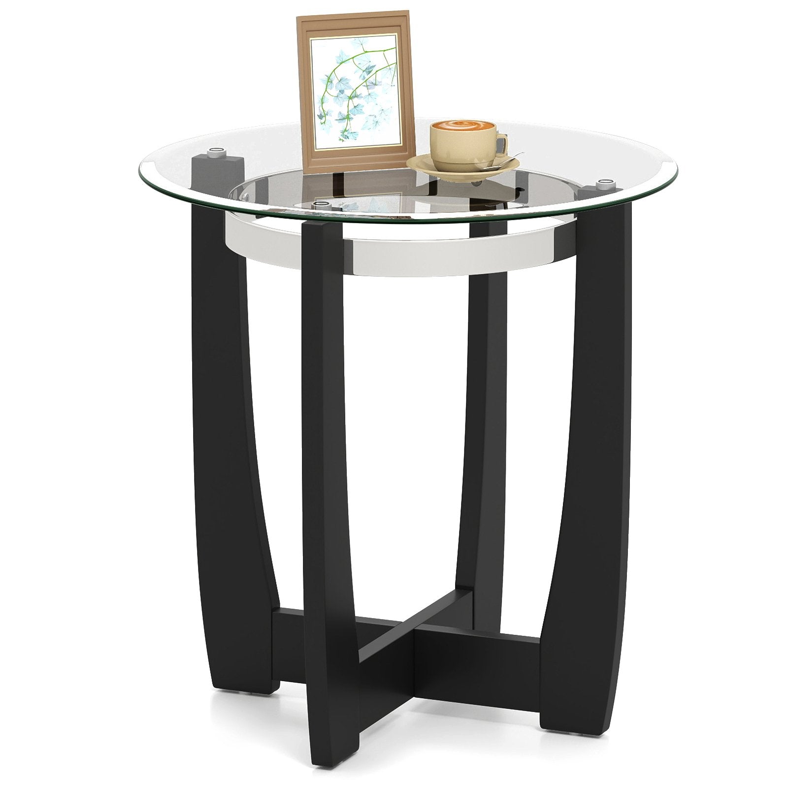 24 Inches Round Side Table with Tempered Glass Top and Solid Rubber Wood Base, Black End & Side Tables Black at Gallery Canada